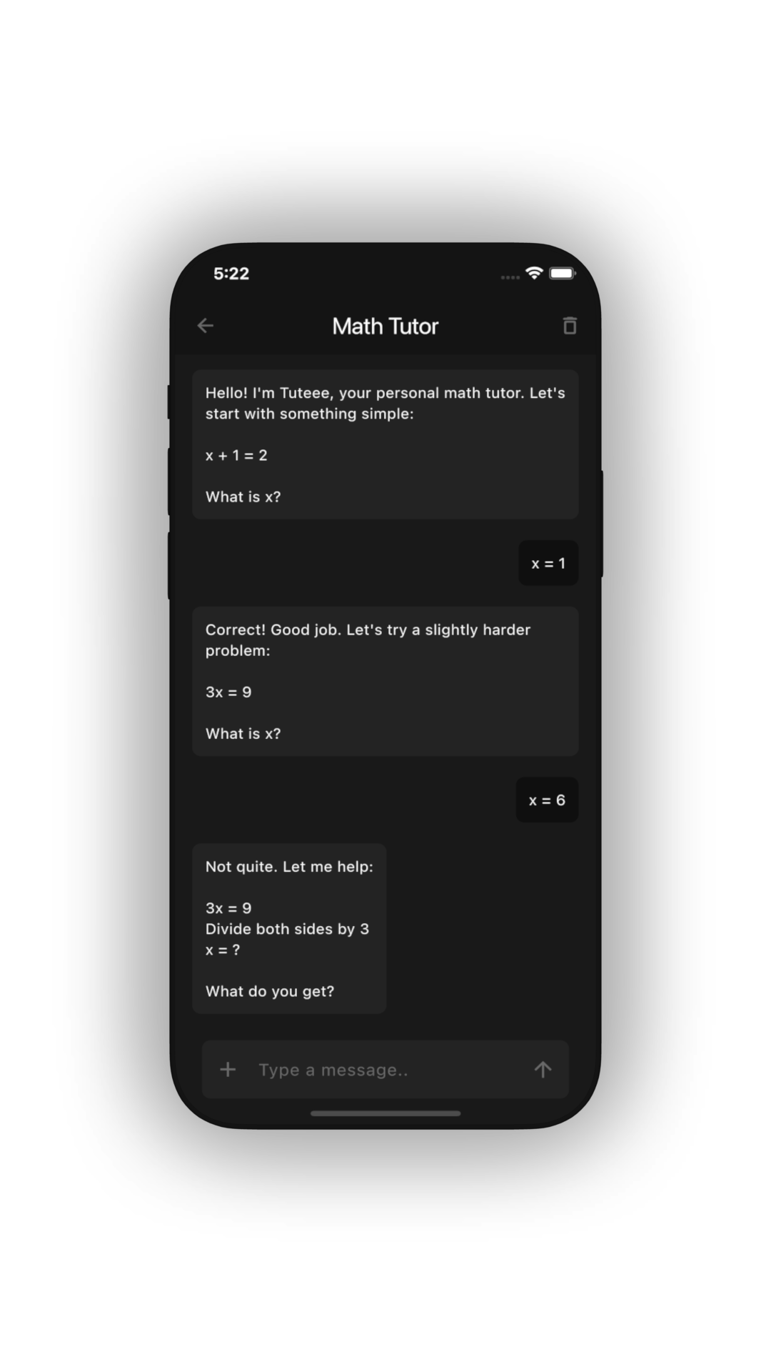Tuteee app interface showing math tutor chat.